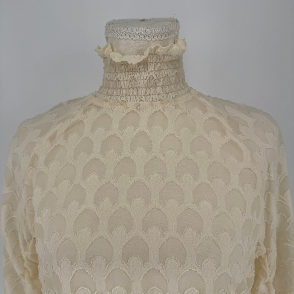 HM Smocked Mock Neck Blouse 10 Cream Sheer Victorian Coquette Cottagecore Boho - Picture 2 of 12